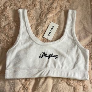 PLAYBOY White Terry Crop Tank with Black Logo